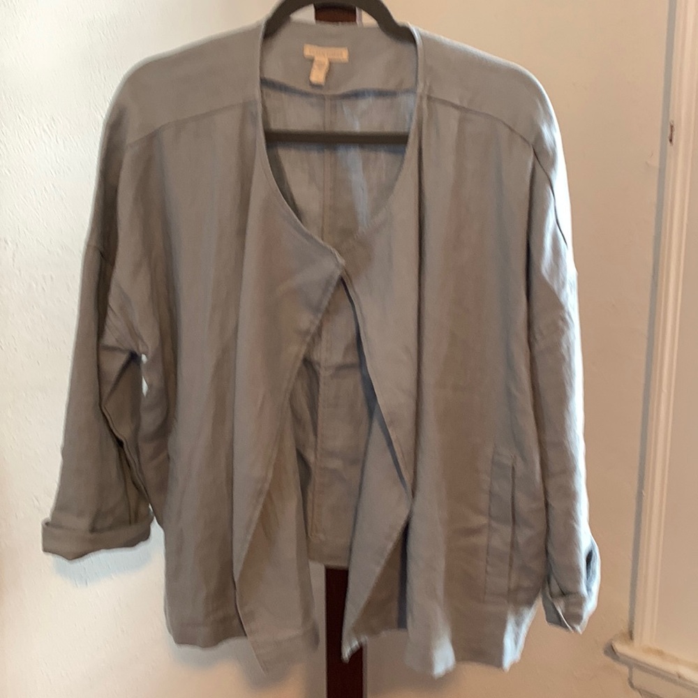 Eileen Fisher Heavy Organic Linen Drape Front Dawn Blue Jacket size Large